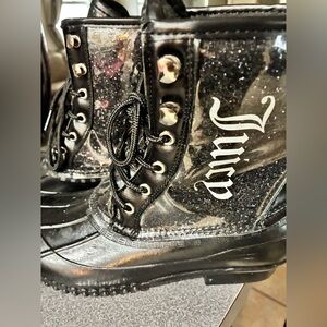 Juicy Couture Women's Black Glitter Talos Lace-Up Duck Rain Boots Size 7